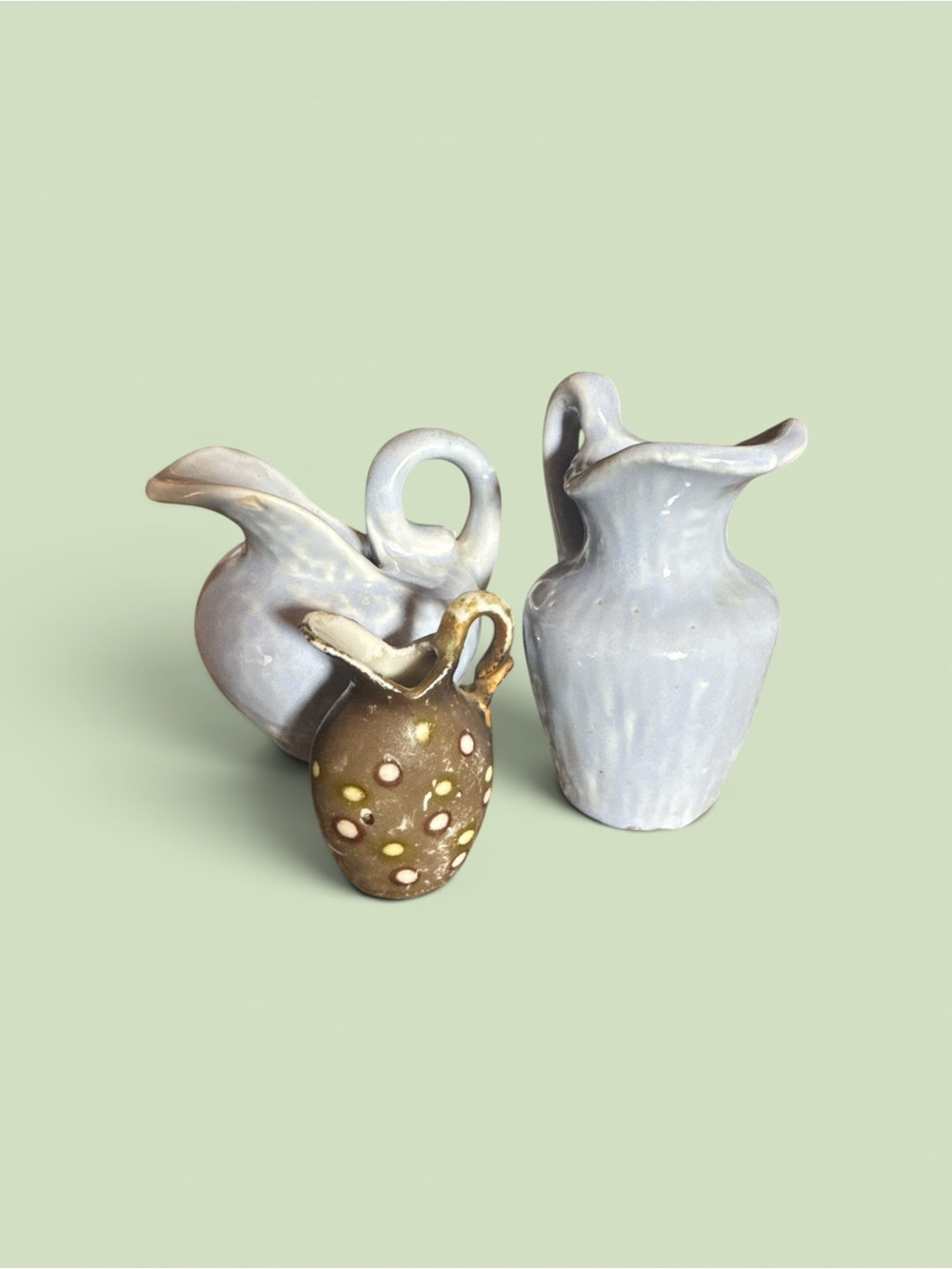Vintage Set of 3 Ceramic Mini Pitchers - Light Blue & Olive Home Decor Bundle